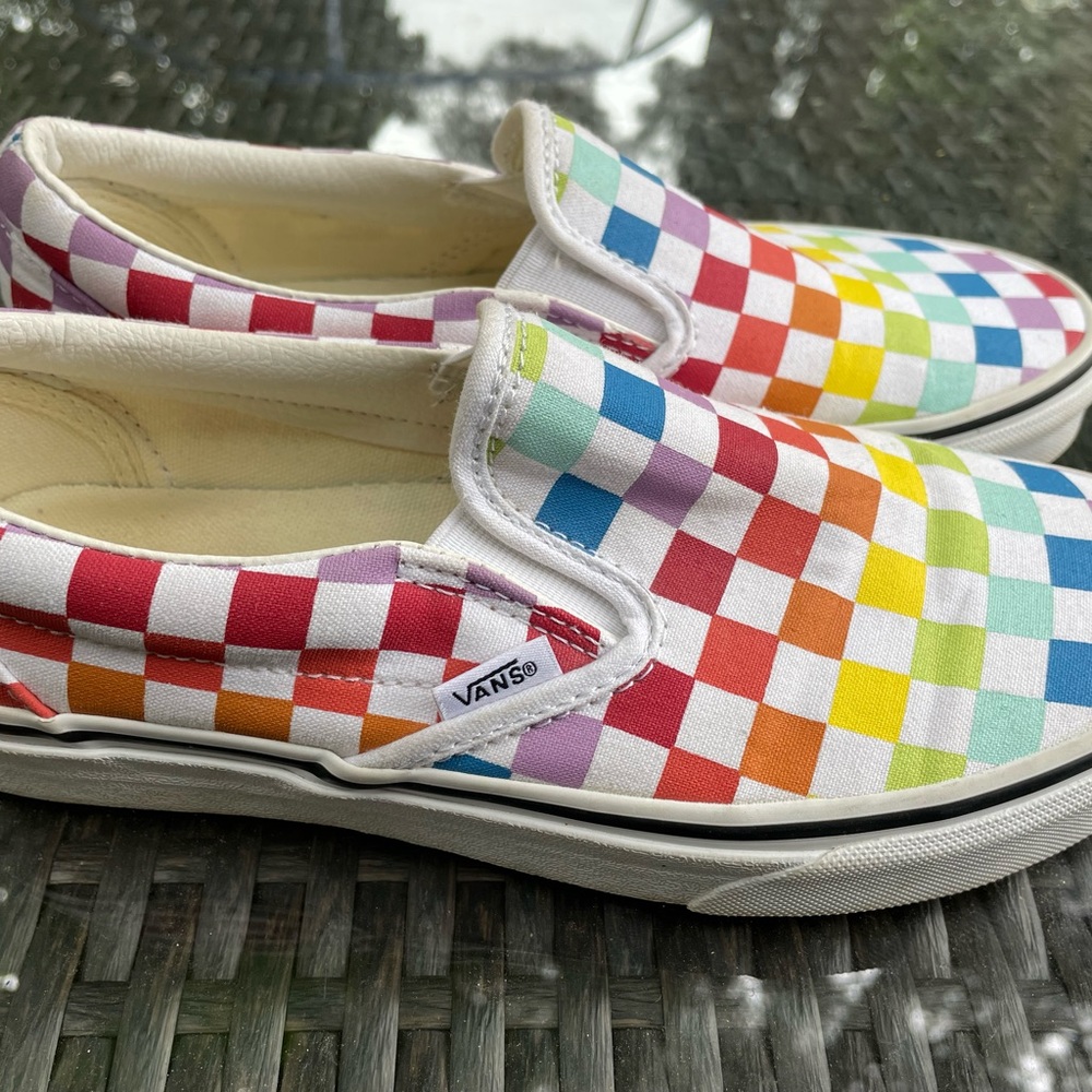 Checkerboard rainbow slip on Vans. Great condition. They are a women’s 8